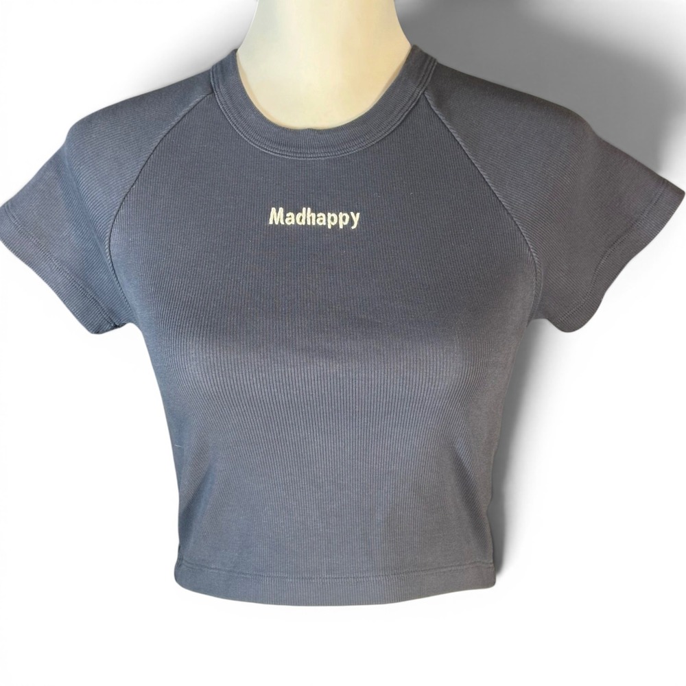 Madhappy Ribbed Crop Baby Tee‎ NWOT Women Size S Blue Gray Short Sleeve Raglan